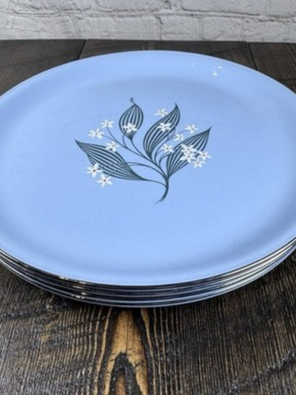 Set of 4 Homer Laughlin Skytone Blue 10" Dinner Plate Stardust Blue MCM Leaves